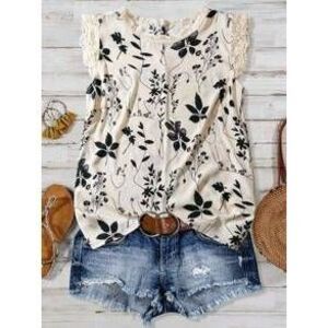 SHEIN CURVE+ Women's Round Neck Leaf Print Lace Splicing Short Sleeve Straight …